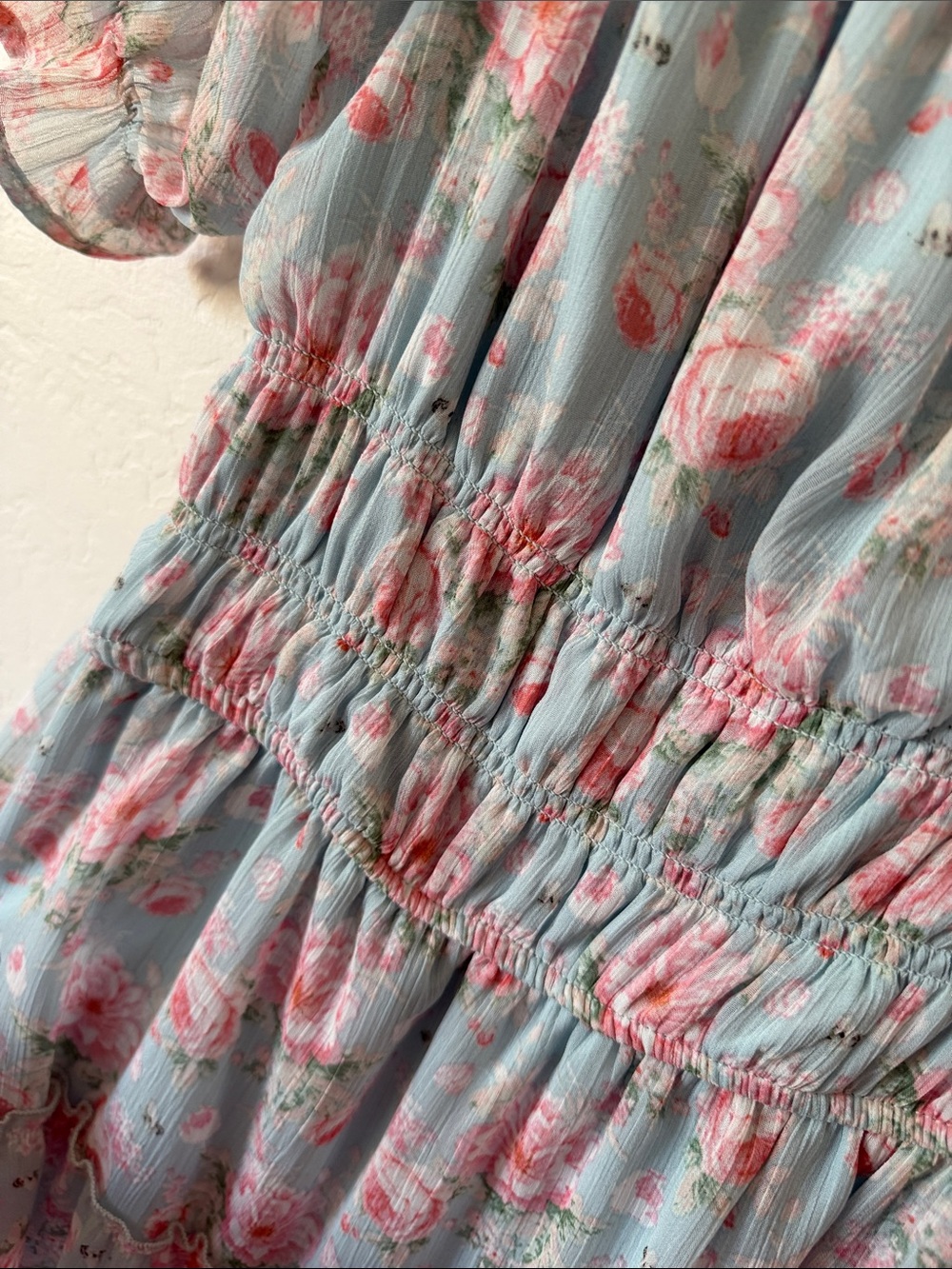 Blue Floral Midi Dress with Pink Roses - Picture 5 of 7